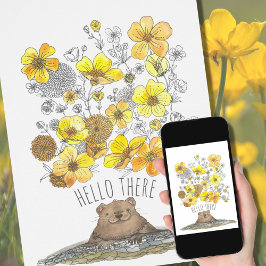 Cartão Flores Amarelas de Groundhog Bonitas Primavera Hel