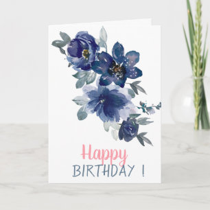 Cartão Flores Azuis Adoráveis em Aquarela Aniversário