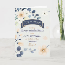 Cartão Flores azuis e amarelas Novos Parabéns para bebês