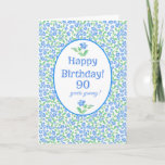 Cartão flores bonito da pervinca do verde azul do<br><div class="desc">Um cartão de aniversário muito bonito do 90 a personalizar,  com um teste padrão ditsy do estilo country da pervinca azul brilhante floresce em um fundo branco. Uma versão dianteira feita sob encomenda deste cartão de aniversário está igualmente disponível para que você adicione a idade.</div>