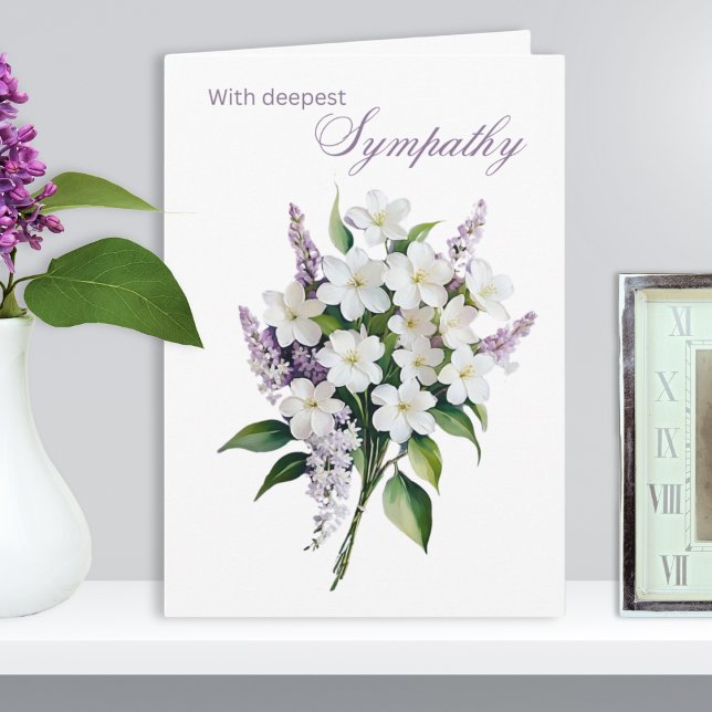 Cartão Flores Brancas e Lilás Elegantes Profunda Simpatia (An elegant floral sympathy card in a traditional style, with picture of a simple bouquet)