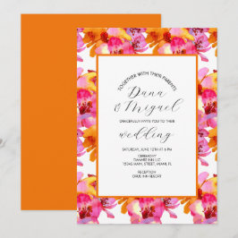 Cartão Flores Brilhantes Rosa Laranja Casamento Aquarela 