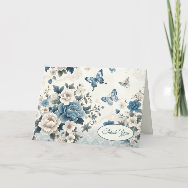 Cartão Flores Chinesas e Borboletas Obrigado (Frente)