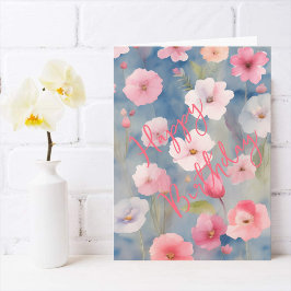 Cartão Flores Coloridas de Mola Rosa em Sombras de Azul