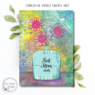 Cartão Flores Cor-de-Rosa Coloridas em Vaso Melhor Mãe de