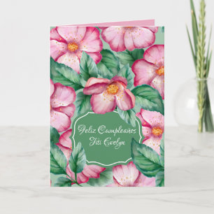 Cartão Flores Cor-de-Rosa em Aquarela Espanhola para Aniv