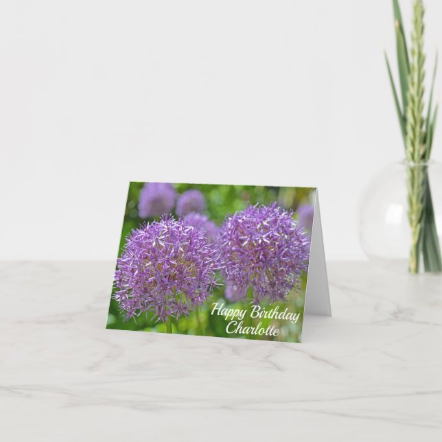 Cartão Flores de Allium Roxo Feliz Aniversário (Frente)