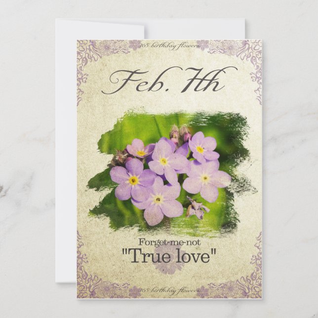 Cartão Flores de aniversário no 7 de fevereiro "Esqueça-m (Frente)