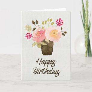 Cartão Flores de Aquarela na Placa de Aniversário do Pote