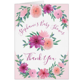 Cartão Flores de Aquarela Rosa Chá de fraldas Obrigado