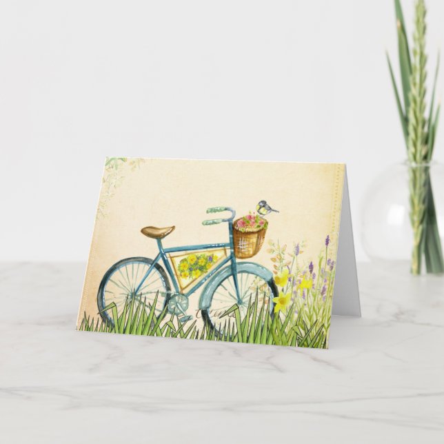 Cartão Flores de Bicicleta Azul e Pássaro Amarelo (Frente)