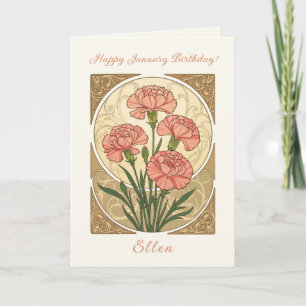Cartão Flores de Cravo Rosa de Aniversário de Janeiro Art