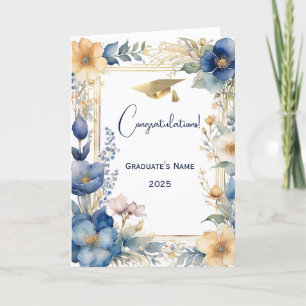 Cartão Flores de Creme Azul Elegante Graduação Personaliz