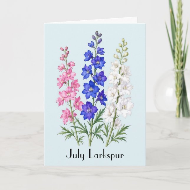 Cartão Flores de Delphinium de Julho Saudação (Frente)