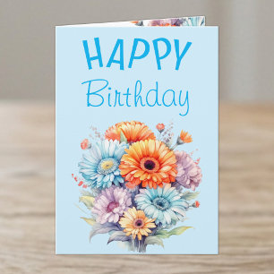 Cartão Flores de gerbera feliz aniversário em branco azul