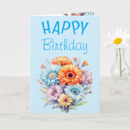 Cartão Flores de gerbera feliz aniversário em branco azul