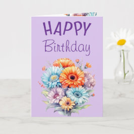 Cartão Flores de gerbera feliz aniversário em branco roxo