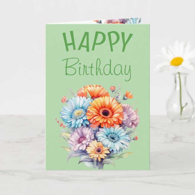 Cartão Flores de Gerbera feliz aniversário em branco verd (Planta pequena)