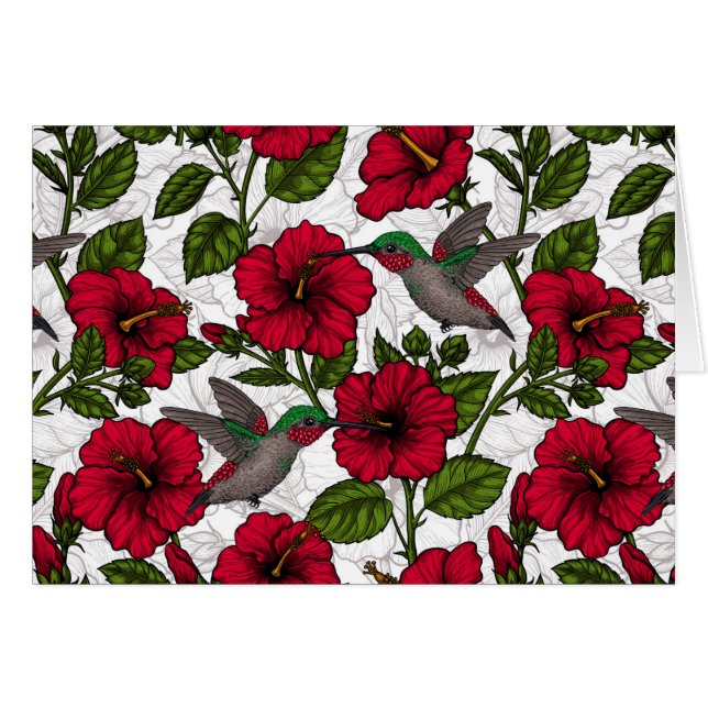 Cartão Flores de hibisco e beija-flores (Frente Horizontal)