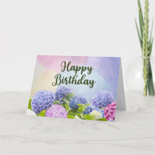 Cartão Flores de Hortênsia Aquarela de Aniversário