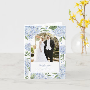 Cartão Flores de Hortênsia Azul Casamento Foto Obrigado