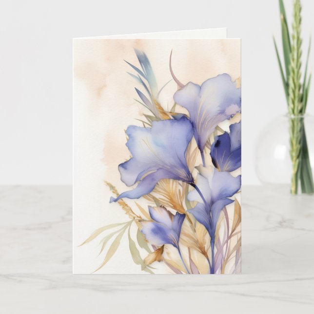 Cartão Flores de Íris Aquarela de Simpatia Obrigado (Frente)