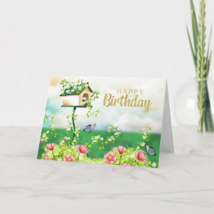 Cartão Flores de Jardim de Aniversário e Casa de Pássaros
