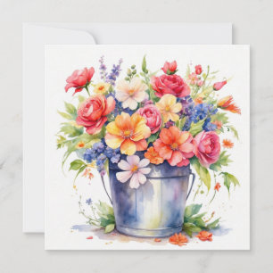 Cartão Flores de jardim de verão em aquarela em um balde