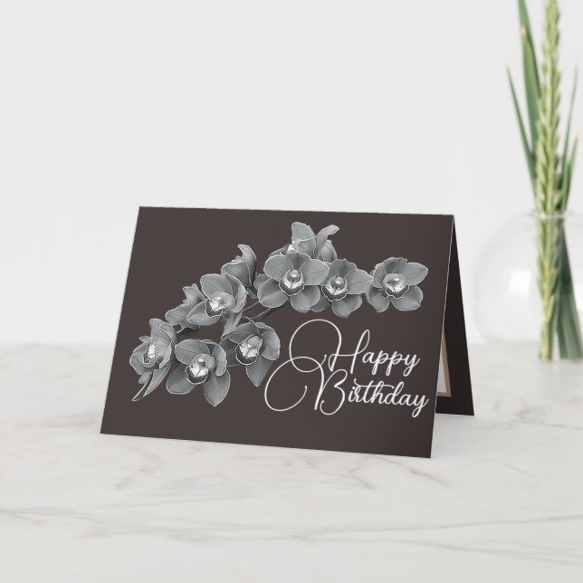 Cartão Flores de Orquídea Fundo Cor Cinza Aniversário (Frente)