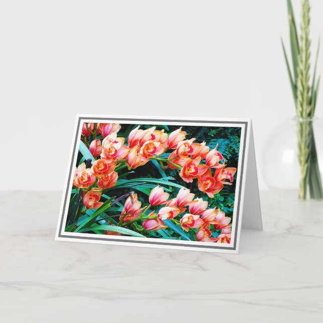 Cartão Flores De Orquídea Laranja Contra Folhagem Verde (Frente)