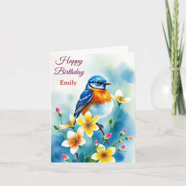 Cartão Flores de Pássaros Azuis Personalizadas Aniversári (Frente)