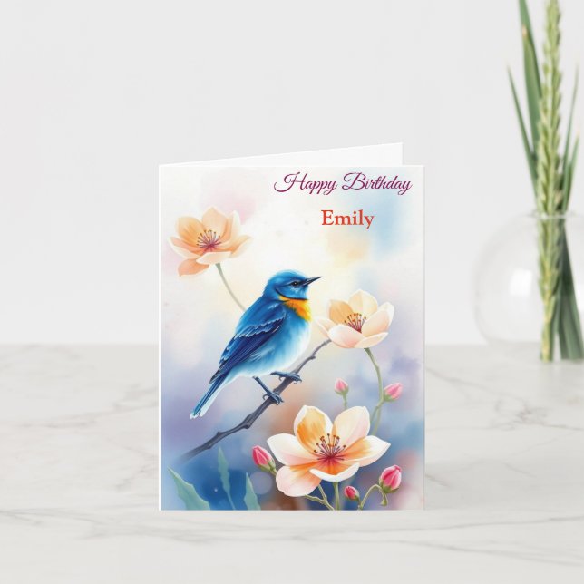Cartão Flores de Pássaros Azuis Personalizadas Aniversári (Frente)