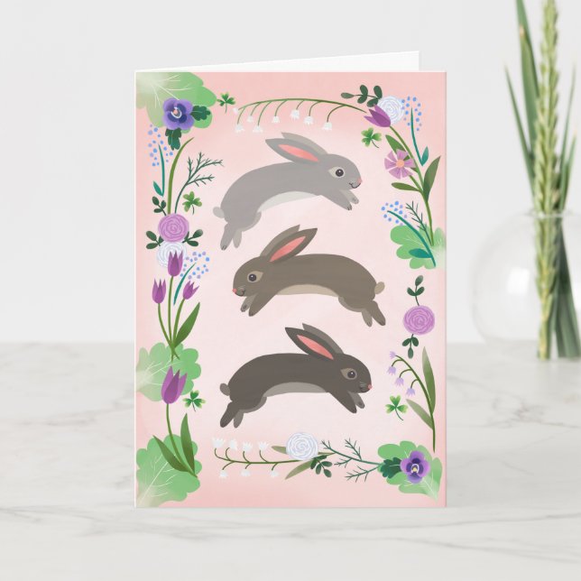 Cartão Flores de primavera e coelhos saltadores | (Frente)