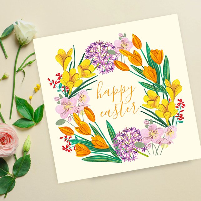 Cartão Flores de primavera, páscoa amarela, desenho de tu (Spring Wildflower Wreath Happy Easter Floral ArtCard)