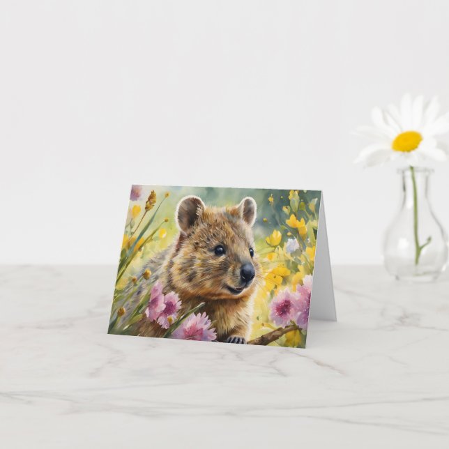 Cartão Flores de Quokka Fofas Ilustração em Aquarela em B (Planta pequena)