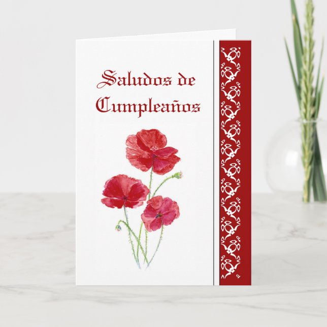 Cartão Flores de Saludos de   Cumpleaños Vermelho (Frente)
