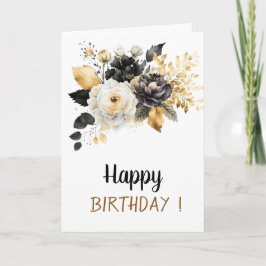 Cartão Flores Douradas Pretas Brancas Aniversário