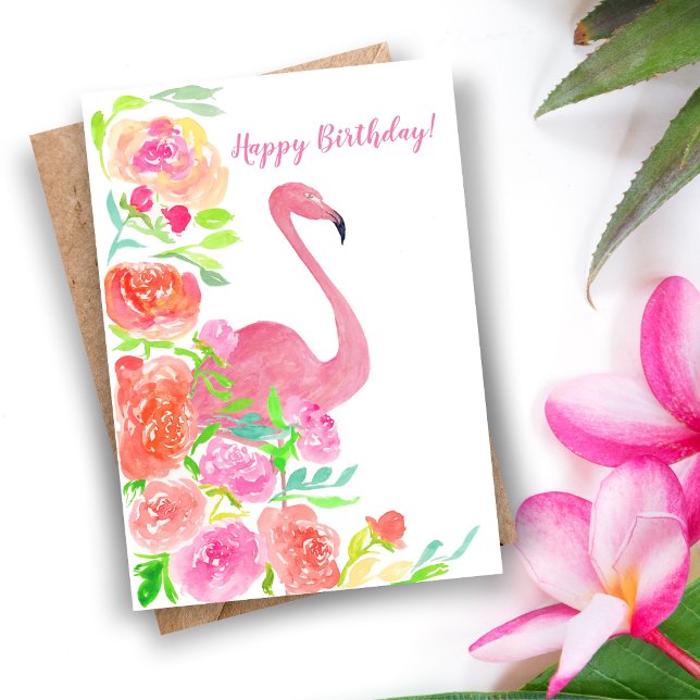 Cartão Flores e flamingo do feliz aniversario (Tropical Elegance: A Stunning Watercolor Birthday Card for Artistic Souls.)