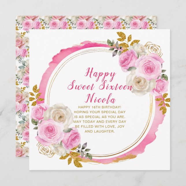 Cartão Flores Elegantes Douradas e Rosa Brilhantes Doce D (Frente/Verso)