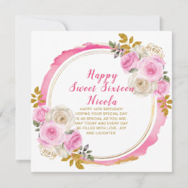 Cartão Flores Elegantes Douradas e Rosa Brilhantes Doce D