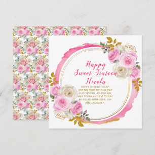 Cartão Flores Elegantes Douradas e Rosa Brilhantes Doce D