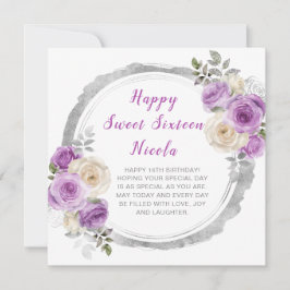 Cartão Flores Elegantes Roxas e Prateadas para Festa de Q