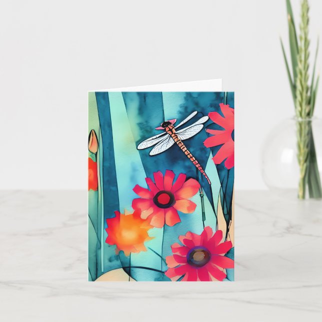 Cartão Flores em aquarela e libélula personalizáveis (Frente)