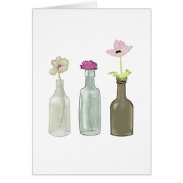 Cartão flores em garrafas de vidro. Pastel