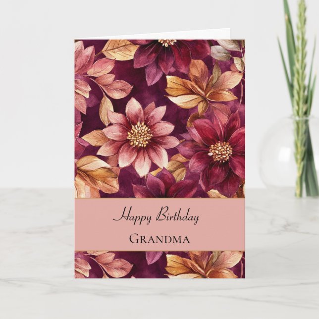 Cartão Flores Folhas Aniversário Dourado Borgonha (Frente)