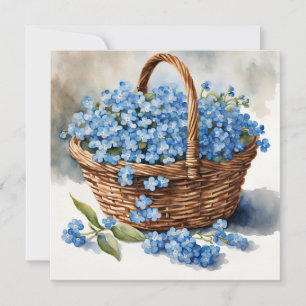 Cartão Flores Forget-Me-Not Azuis em Cesta em Aquarela