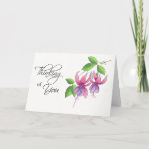 Cartão Flores fúcsia pensando em você em lápis de aquarel