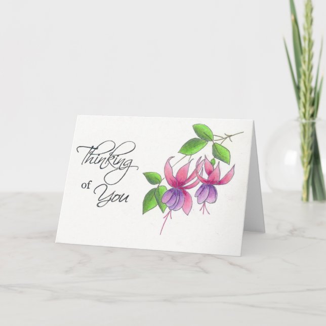 Cartão Flores fúcsia pensando em você em lápis de aquarel (Frente)