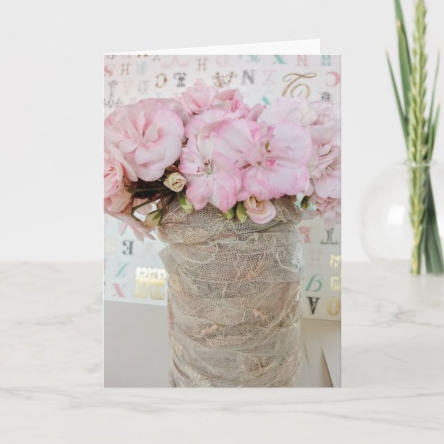 Cartão Flores geranio rosa en bote de cristal con encaje (Frente)