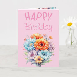 Cartão Flores Gerbera feliz aniversário em branco rosa